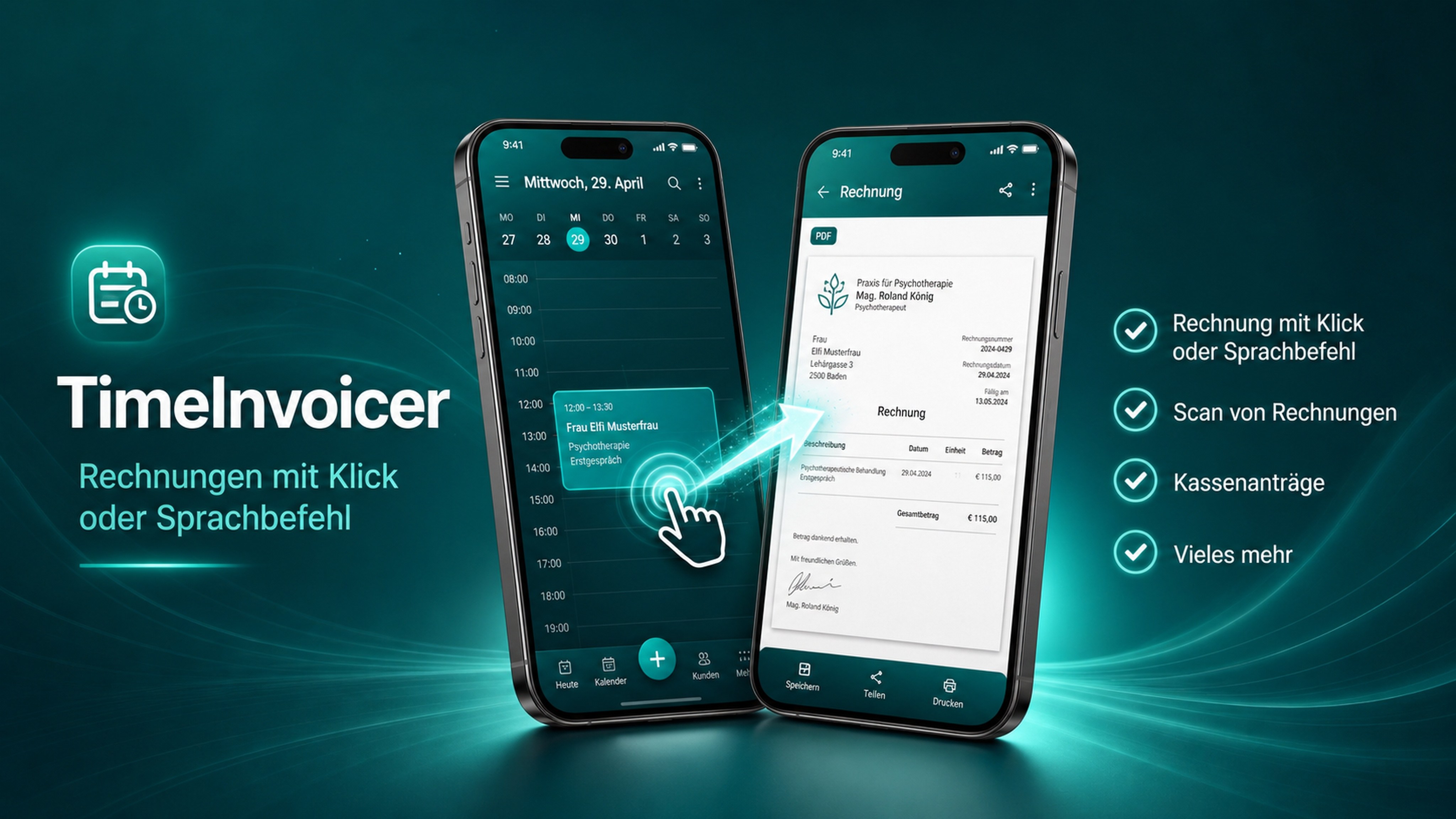 TimeInvoicer feature graphic: 1 click to invoice, time confirmation, credit note and much more